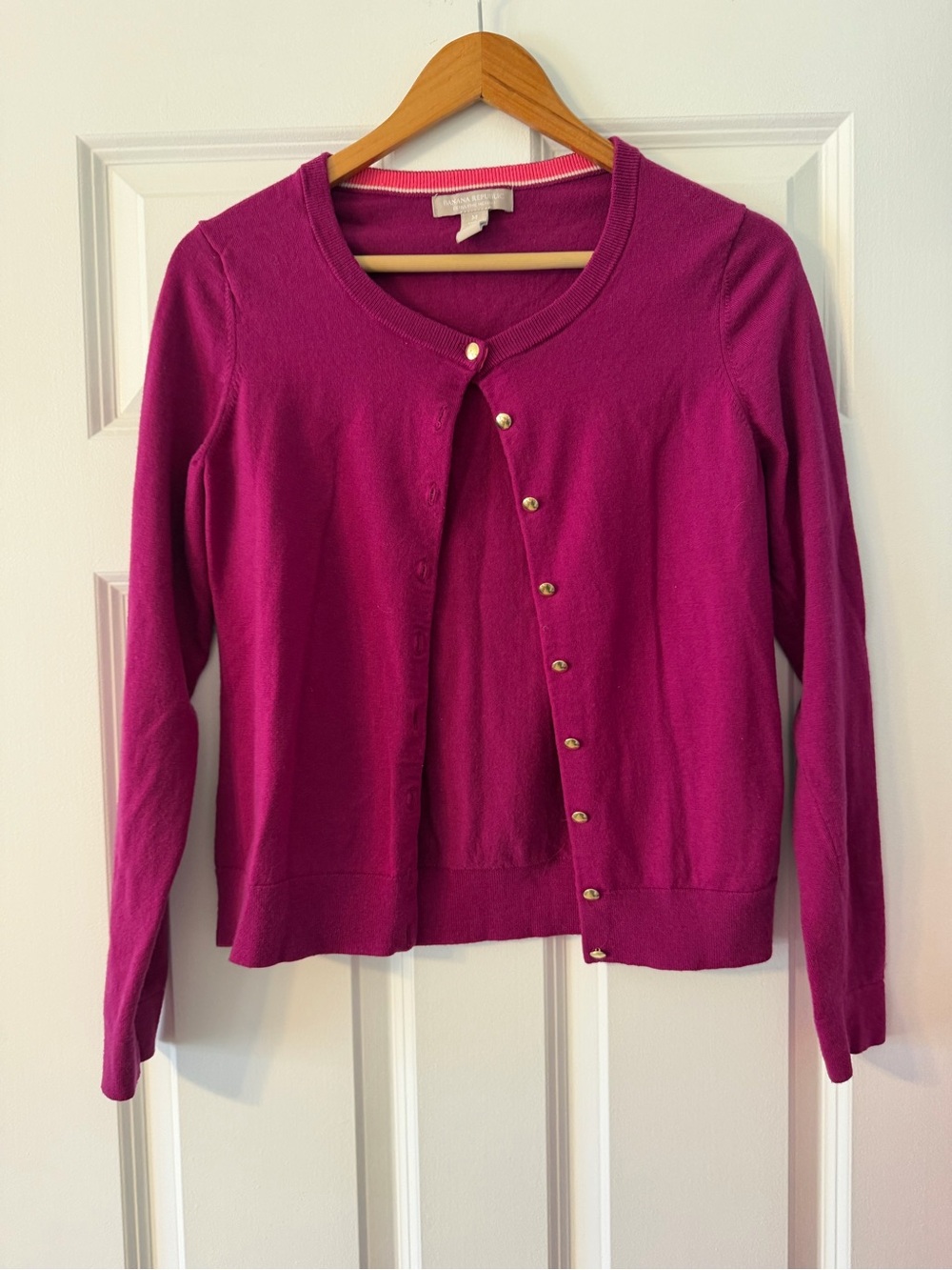 Banana Republic Fuchsia Round-Neck Cardigan with Gold Buttons
